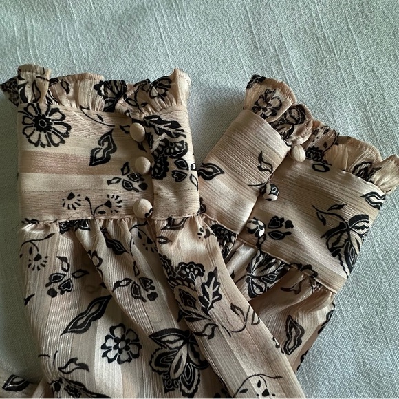 Zara Floral Shimmer Button Down Blouse Womens Medium Smocked Ruffle Cuff Boho - Picture 4 of 11